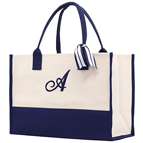 VANESSA ROSELLA Monogram Tote Bag with 100% Cotton Canvas and a Chic Personalized Monogram (Navy Script Letter - A)