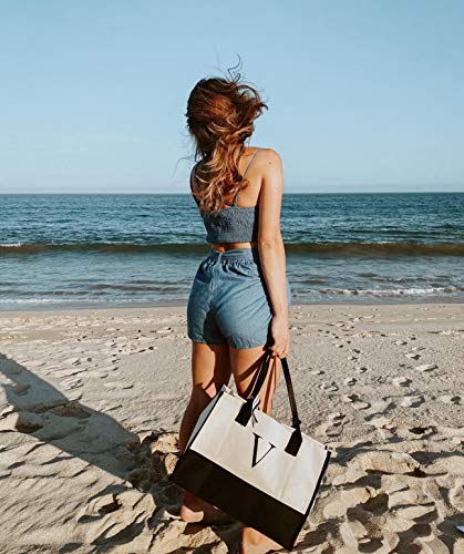 VANESSA ROSELLA Monogram Tote Bag with 100% Cotton Canvas and a Chic Personalized Monogram (Navy Script Letter - A)