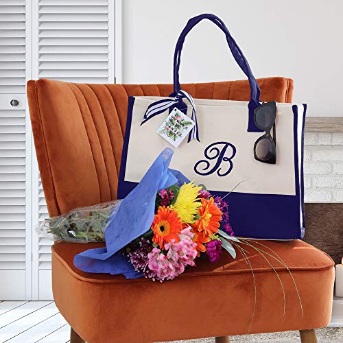 VANESSA ROSELLA Monogram Tote Bag with 100% Cotton Canvas and a Chic Personalized Monogram (Navy Script Letter - A)