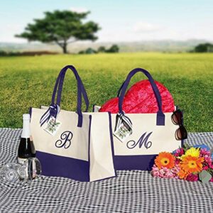 VANESSA ROSELLA Monogram Tote Bag with 100% Cotton Canvas and a Chic Personalized Monogram (Navy Script Letter - A)