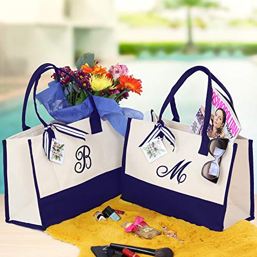 VANESSA ROSELLA Monogram Tote Bag with 100% Cotton Canvas and a Chic Personalized Monogram (Navy Script Letter - A)