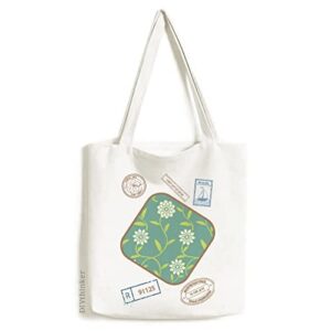 green white flowers decorative pattern stamp shopping ecofriendly storage canvas tote bag