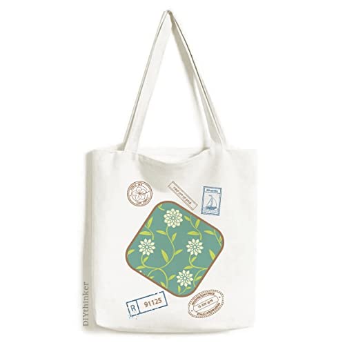 Green White Flowers Decorative Pattern Stamp Shopping Ecofriendly Storage Canvas Tote Bag