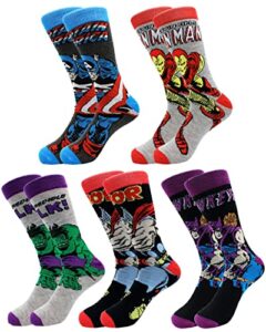 poilee mens novelty crew socks 5 pack funny crazy cool superhero patterned character dress socks, size 10-13