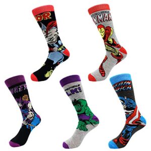 PoiLee Mens Novelty Crew Socks 5 Pack Funny Crazy Cool Superhero Patterned Character Dress Socks, Size 10-13