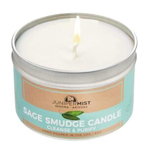 sage smudge candle for energy cleansing, meditation, protection + smokeless alternative to sage smudge sticks, incense, bundles + handmade in sedona with soy wax, pure essential oils and sage leaf