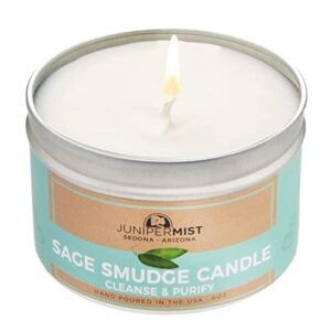 Sage Smudge Candle for Energy Cleansing, Meditation, Protection + Smokeless Alternative to Sage Smudge Sticks, Incense, Bundles + Handmade in Sedona with Soy Wax, Pure Essential Oils and Sage Leaf