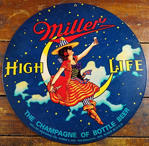 SIGNCHAT Miller High Life Beer Witch Sitting On Crescent Moon Round Metal Adv Sign Funny Metal Sign Crossing Traffic Novelty Sign 12X12 Inch