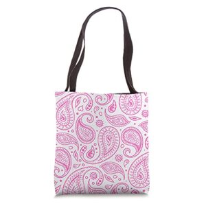 white and pink paisley pattern bandana tote bag