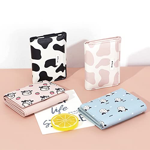 MOZXIRZ Women Girls Wallet Cute Cow Print Tri-Fold Wallet PU Leather Purse Slim Small Short Wallet Cartoon Trifold Cash Card Holder Bag (Pink Cow)