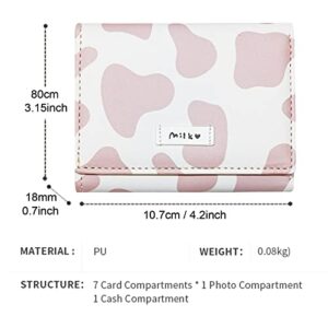 MOZXIRZ Women Girls Wallet Cute Cow Print Tri-Fold Wallet PU Leather Purse Slim Small Short Wallet Cartoon Trifold Cash Card Holder Bag (Pink Cow)