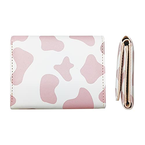 MOZXIRZ Women Girls Wallet Cute Cow Print Tri-Fold Wallet PU Leather Purse Slim Small Short Wallet Cartoon Trifold Cash Card Holder Bag (Pink Cow)