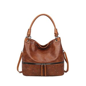 vintage tote shoulder handbags for women, large leather hobo bag satchel purses with rivet decoration