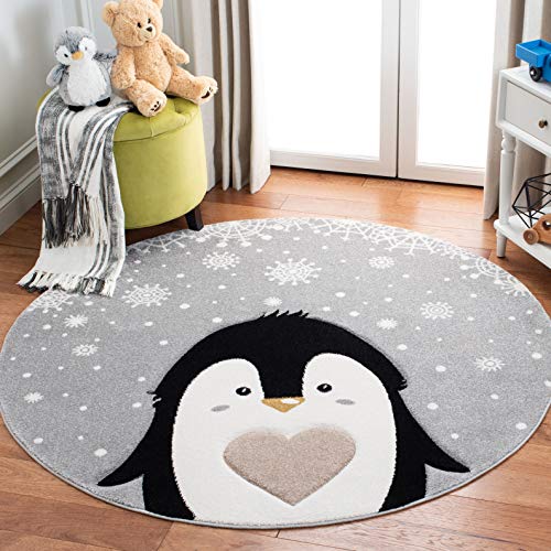 Safavieh Carousel Kids Collection 5'3" Round Light Grey/Black CRK132F Penguin Nursery Playroom Area Rug