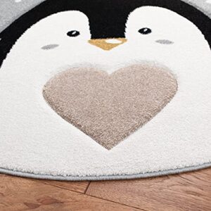 Safavieh Carousel Kids Collection 5'3" Round Light Grey/Black CRK132F Penguin Nursery Playroom Area Rug