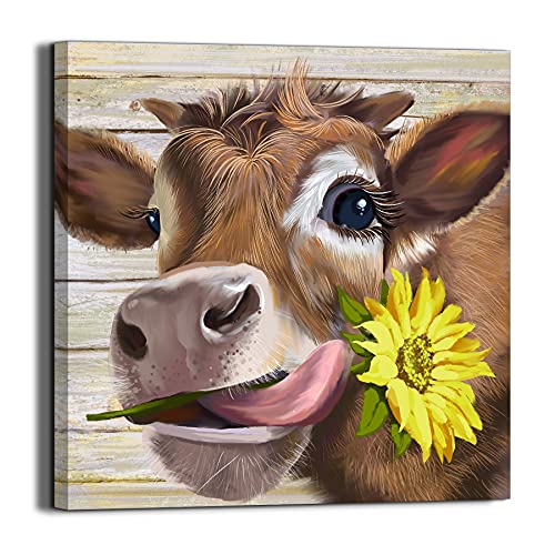 Cow Pictures Wall Decor Country Farmhouse Canvas Wall Art Rustic Sunflower Bathroom Decor Framed Artwork Paintings for Wall Decorations for Bedroom Office Kitchen Living Room,Ready to Hang 13.4" X 13.4"