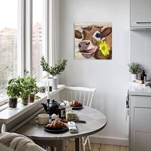 Cow Pictures Wall Decor Country Farmhouse Canvas Wall Art Rustic Sunflower Bathroom Decor Framed Artwork Paintings for Wall Decorations for Bedroom Office Kitchen Living Room,Ready to Hang 13.4" X 13.4"