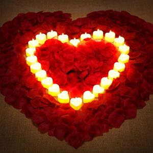 1000 pieces artificial rose petal with 24 pieces romantic heart candles flameless romantic led tealight candle for romantic night birthday valentine’s day anniversary wedding table decor (yellow)