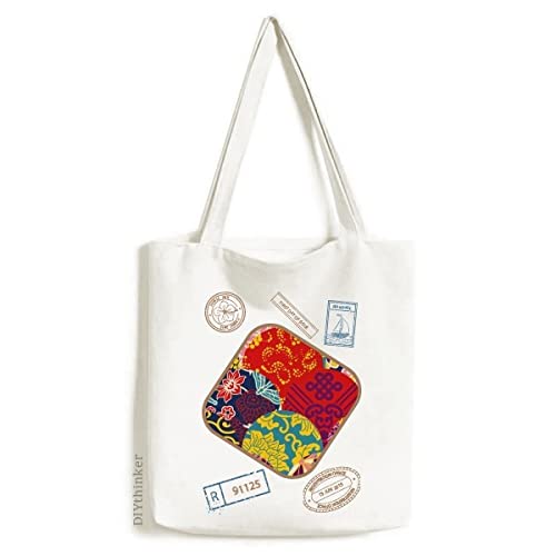 Flowers Leaves Chinese Knot Pattern Japanese Style Stamp Shopping Ecofriendly Storage Canvas Tote Bag