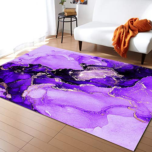 Contemporary Non-Slip Area Rug Abstract Ink Paint Purple and Gold Marble Art Painting Printed Rugs Art Carnival Rubber Backing Living Room Floor Mats Rectangle Area Rug Carpet for Indoor 2'x3'