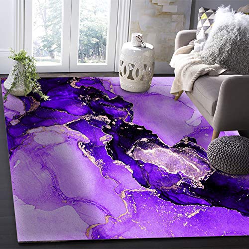 Contemporary Non-Slip Area Rug Abstract Ink Paint Purple and Gold Marble Art Painting Printed Rugs Art Carnival Rubber Backing Living Room Floor Mats Rectangle Area Rug Carpet for Indoor 2'x3'