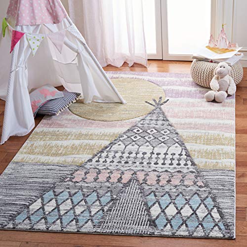 Safavieh Carousel Kids Collection 4' x 6' Grey / Pink CRK117F Boho Distressed Area Rug