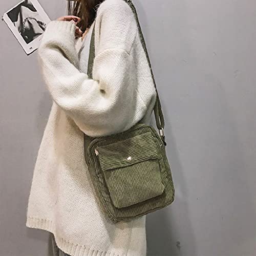 Corduroy Shoulder Tote Bag Women's Crossbody Shoulder Handbags Mini Canvas Handbag Ladies Casual Purse for Women Girl Outdoor Travel（Green）