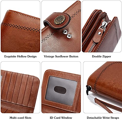 BOSTANTEN Womens Wallet Genuine Leather Large Capacity Wristlet Clutch Purse Credit Card Holder with RFID Blocking Brown