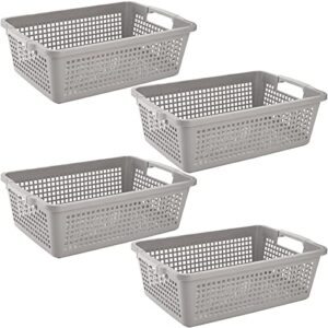 hedume 4 pack plastic storage baskets with handle, 15”x9.8”x4.7” pantry storage bins, closet baskets, large organization basket for nursery, school, office