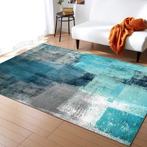 kithome contemporary non-slip area rug turquoise and grey abstract art painting teal printed rugs art carnival rubber backing living room floor mats rectangle area rug carpet for indoor 4’x6′