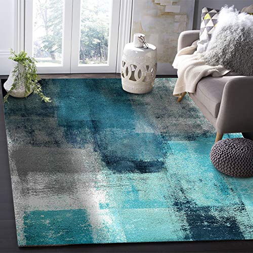 KITHOME Contemporary Non-Slip Area Rug Turquoise and Grey Abstract Art Painting Teal Printed Rugs Art Carnival Rubber Backing Living Room Floor Mats Rectangle Area Rug Carpet for Indoor 4'x6'