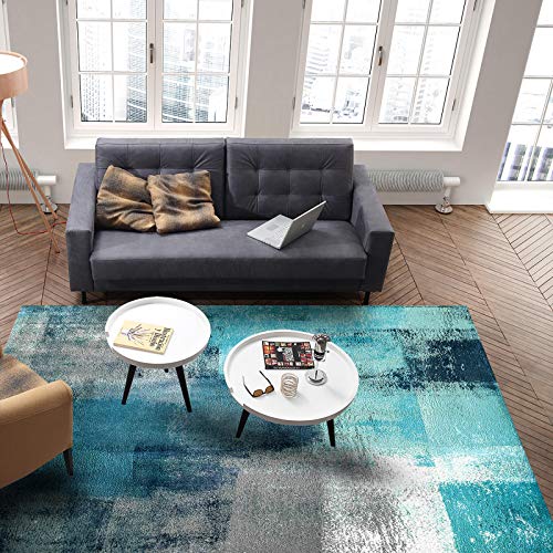 KITHOME Contemporary Non-Slip Area Rug Turquoise and Grey Abstract Art Painting Teal Printed Rugs Art Carnival Rubber Backing Living Room Floor Mats Rectangle Area Rug Carpet for Indoor 4'x6'