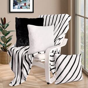 4 piece throw blanket with pillow covers set – black & white stripes fleece blanket with 3 throw pillow covers – soft fluffy cozy flannel blanket – black, white and stripe square pillow covers 18×18