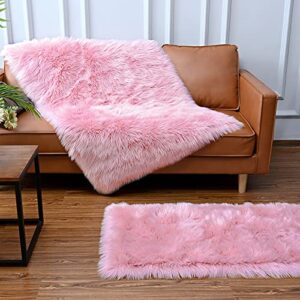 ISEAU Soft Faux Fur Fluffy Area Rug, Luxury Fuzzy Sheepskin Carpet Rugs for Bedroom Living Room, Shaggy Silky Plush Carpet Bedside Rug Floor Mat, 2ft x 4ft, Pink