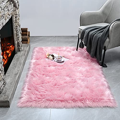 ISEAU Soft Faux Fur Fluffy Area Rug, Luxury Fuzzy Sheepskin Carpet Rugs for Bedroom Living Room, Shaggy Silky Plush Carpet Bedside Rug Floor Mat, 2ft x 4ft, Pink