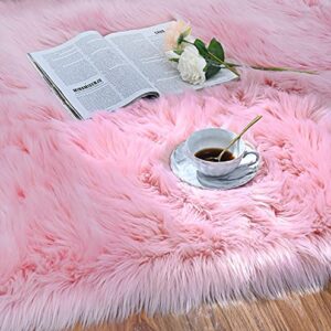 ISEAU Soft Faux Fur Fluffy Area Rug, Luxury Fuzzy Sheepskin Carpet Rugs for Bedroom Living Room, Shaggy Silky Plush Carpet Bedside Rug Floor Mat, 2ft x 4ft, Pink