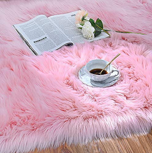 ISEAU Soft Faux Fur Fluffy Area Rug, Luxury Fuzzy Sheepskin Carpet Rugs for Bedroom Living Room, Shaggy Silky Plush Carpet Bedside Rug Floor Mat, 2ft x 4ft, Pink