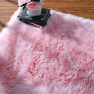 ISEAU Soft Faux Fur Fluffy Area Rug, Luxury Fuzzy Sheepskin Carpet Rugs for Bedroom Living Room, Shaggy Silky Plush Carpet Bedside Rug Floor Mat, 2ft x 4ft, Pink