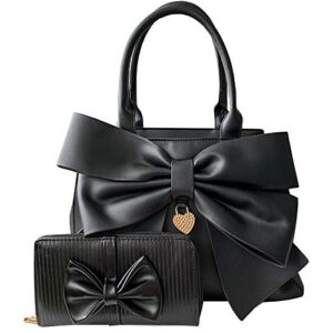 rullar women 2pcs handbag set bow-knot satchel top-handle crossbody bag tote wallet purse with heart pendant black
