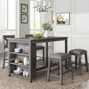 life in color 5-piece dining room table set, compact bar pub table set, height rustic farmhouse wooden dining room，perfect for small kitchen dining room (gray+wood+1table+2chairs+2stools)