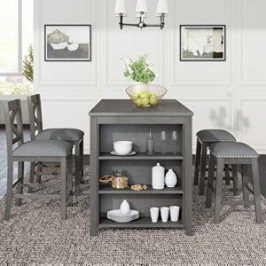 Life In Color 5-Piece Dining Room Table Set, Compact Bar Pub Table Set, Height Rustic Farmhouse Wooden Dining Room，Perfect for Small Kitchen Dining Room (Gray+Wood+1table+2chairs+2stools)