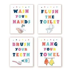 InSimSea Funny Bathroom Signs Prints, Bathroom Quotes and Sayings Art Prints, Kids Bathroom Wall Decor, set of 4, 8x10 inch, Unframed