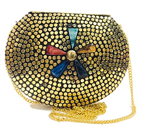 Brass Beaded Ethnic purse Girls Bridal Bag Golden cross body bag for women/Girl party clutch Metal clutches Vintage Brass (Gold Muti Stone)