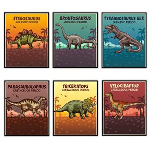 dinosaurs – set of six prints – 8×10 unframed art prints – makes a great gift under $20 for jurassic boy’s room wall decor