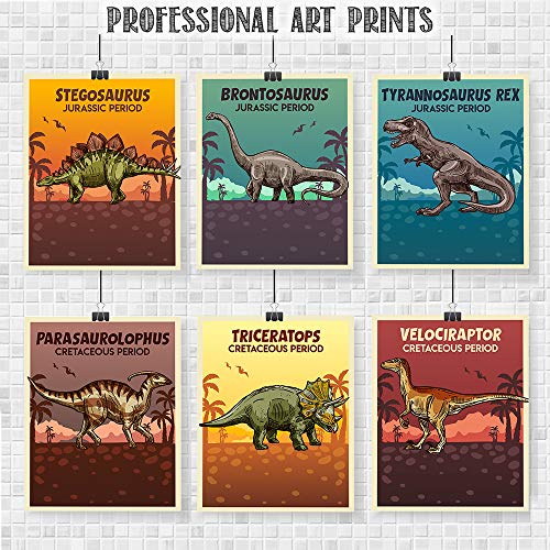 Dinosaurs - Set of Six Prints - 8x10 Unframed Art Prints - Makes a Great Gift Under $20 for Jurassic Boy's Room Wall Decor