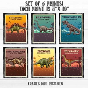 Dinosaurs - Set of Six Prints - 8x10 Unframed Art Prints - Makes a Great Gift Under $20 for Jurassic Boy's Room Wall Decor