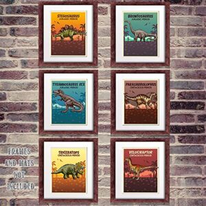 Dinosaurs - Set of Six Prints - 8x10 Unframed Art Prints - Makes a Great Gift Under $20 for Jurassic Boy's Room Wall Decor