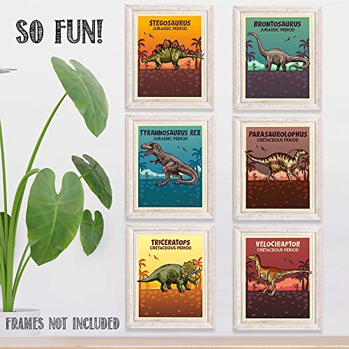 Dinosaurs - Set of Six Prints - 8x10 Unframed Art Prints - Makes a Great Gift Under $20 for Jurassic Boy's Room Wall Decor