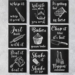 zonon 9 pieces kitchen wall posters funny farmhouse kitchenware with sayings posters decor with 40 glue point dots for restaurant cafe bar kitchen dinning room decorations (black,11 x 14 inch)