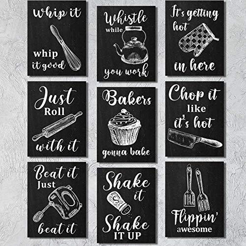 Zonon 9 Pieces Kitchen Wall Posters Funny Farmhouse Kitchenware with Sayings Posters Decor with 40 Glue Point Dots for Restaurant Cafe Bar Kitchen Dinning Room Decorations (Black,11 x 14 Inch)